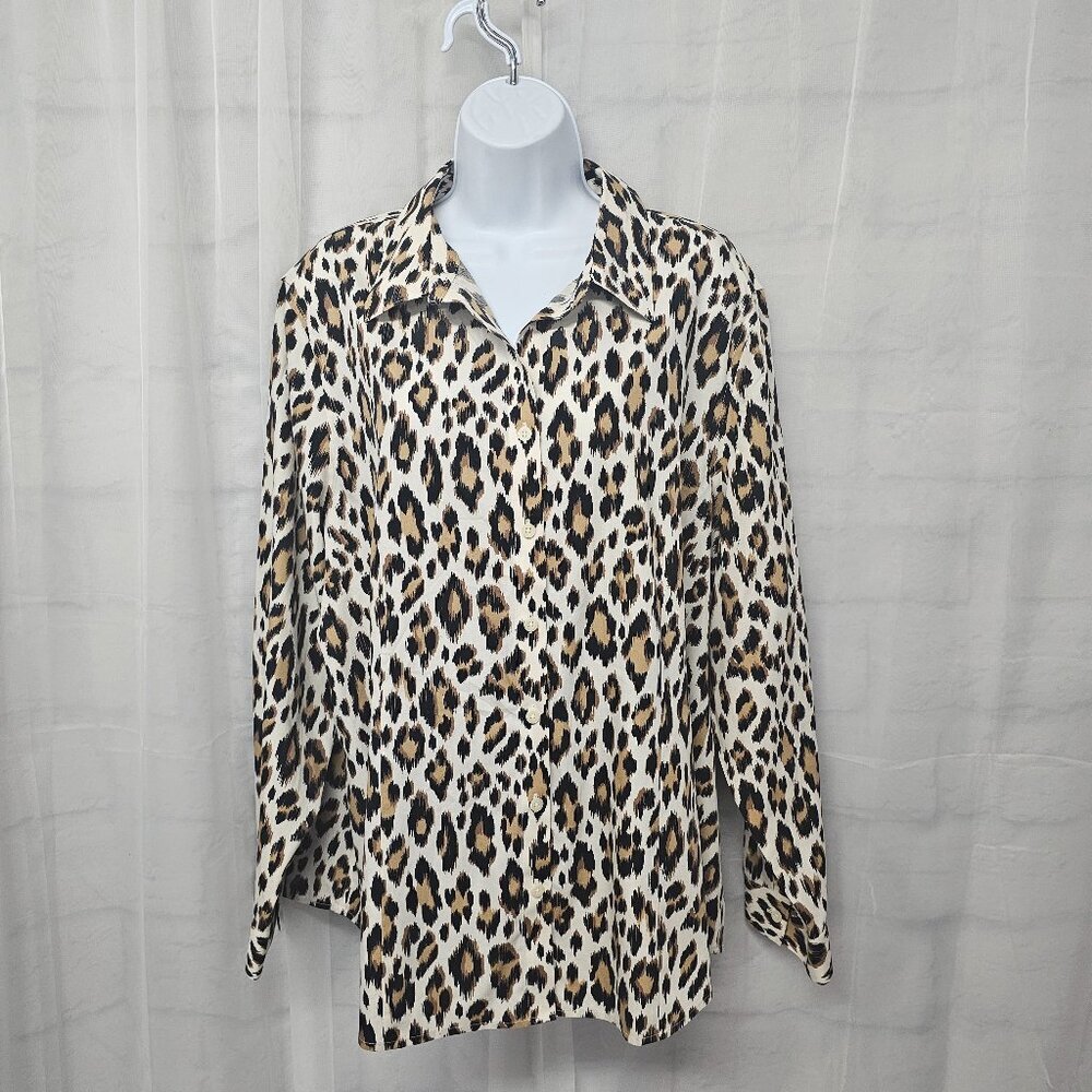Chico's Cream Brown Leopard Button Down Blouse Tribal Office 4 (1X)